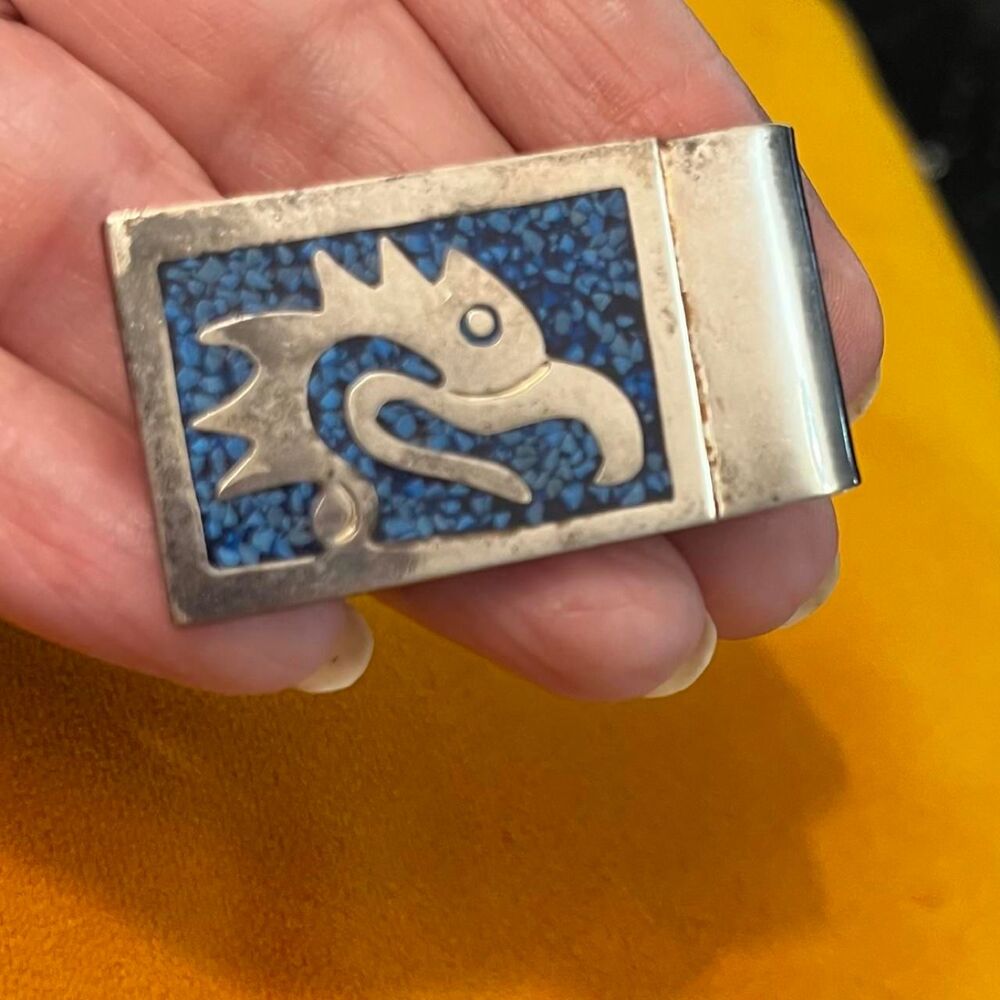 Vintage Silver Aztec Moneyclip with Ground Turquoise Mexico MCM 1960's